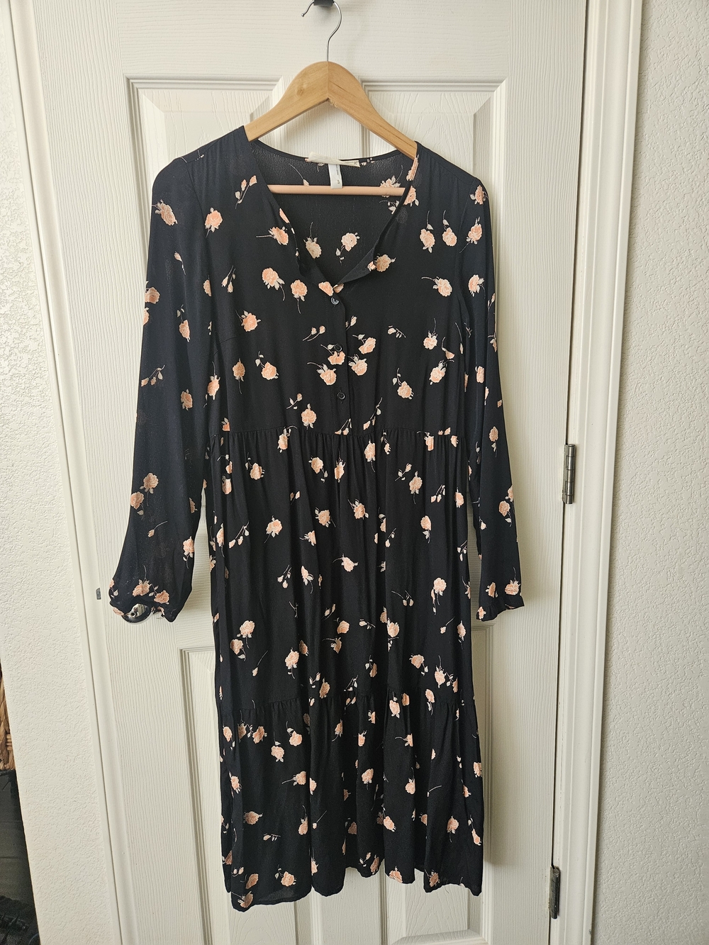Urban Renewal Black Dress with Blush Floral Print - Long Sleeve Tiered Midi